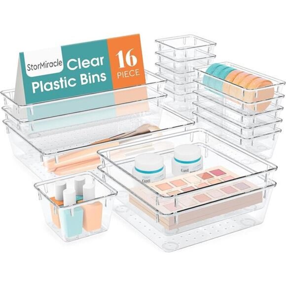 Clear Drawer Organizer Set 16 PCS Storage Bins for Makeup Jewelry Utensils - Picture 1 of 7